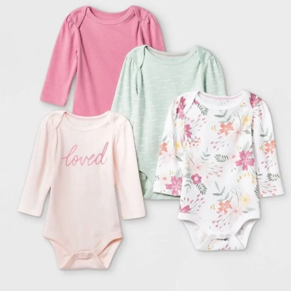 Baby Girls' 4pk Meadow Long Sleeve Bodysuit - Cloud Island™ Pink/Green/White NB